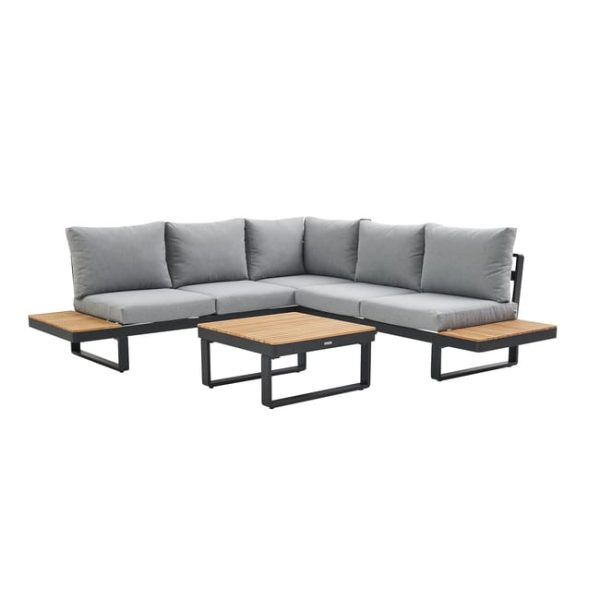 Set relax angolare in legno di teak e alluminio grigio scuro. Materiale Persea