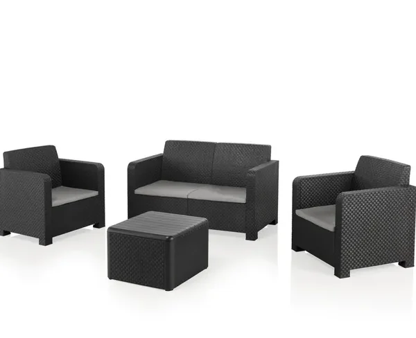 Set da giardino relax con tavolo in resina e contenitore e divani grigi a 4 posti New Naterial