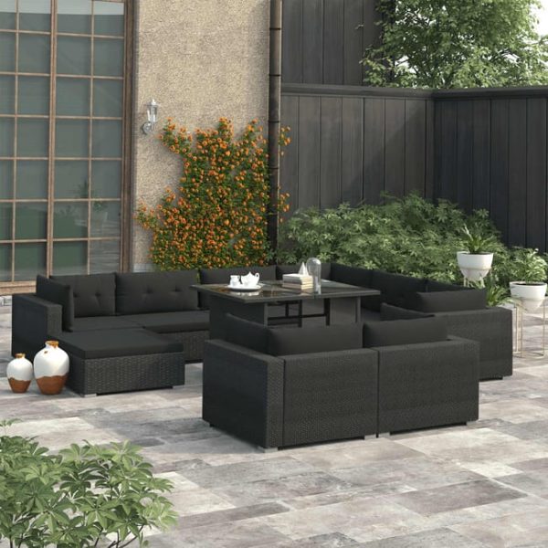 vidaXL Set da giardino 10 pz con cuscini in polyrattan nero
