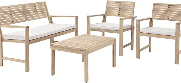 Set relax da giardino in acacia naturale Solis con divano marrone e tavolo per 4 persone